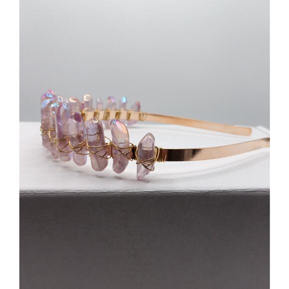 Gold Tone Quartz Crystal Tiara Headband – Electroplated Gemstone Crown - Picture 5 of 5